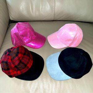 New 4 BASEBALL CAPS PARTY/COSTUME 2 shimmery pinks, 2 flannel bl/gray&red/black